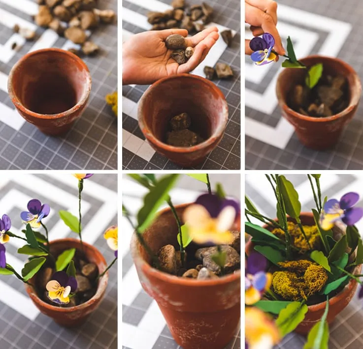 step-by-step instructional photos of putting the flowers in a pot.