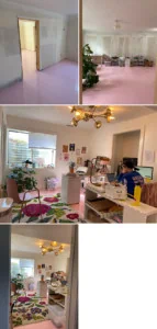 Shots of a basement space with pink floors and bare unfinished walls, then shots of the space with a plant, then with a rug, some simple furniture, and a brass light fixture. Some of the team is working in the background of the images.
