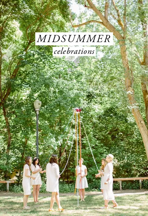women dressed in white dance around a DIY maypole in a green park with dappled light. A graphic that says Midsummer celebration is at the top.