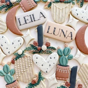 Bohemian-style cookies decorated as hearts, stars, moons, cactuses, macrame hangings, and pendant with names.