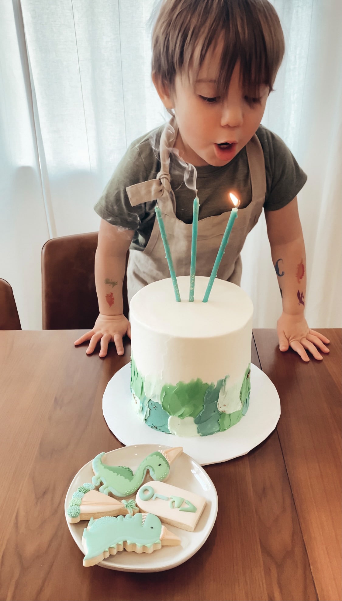 A little boy blows out three candles on a birthday cake. There are cookies decorated with dinosaurs on a plate next to him. 