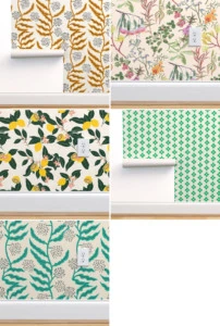 Five wallpaper samples in shades of green, gold, and yellow. There's an overall botanical theme.