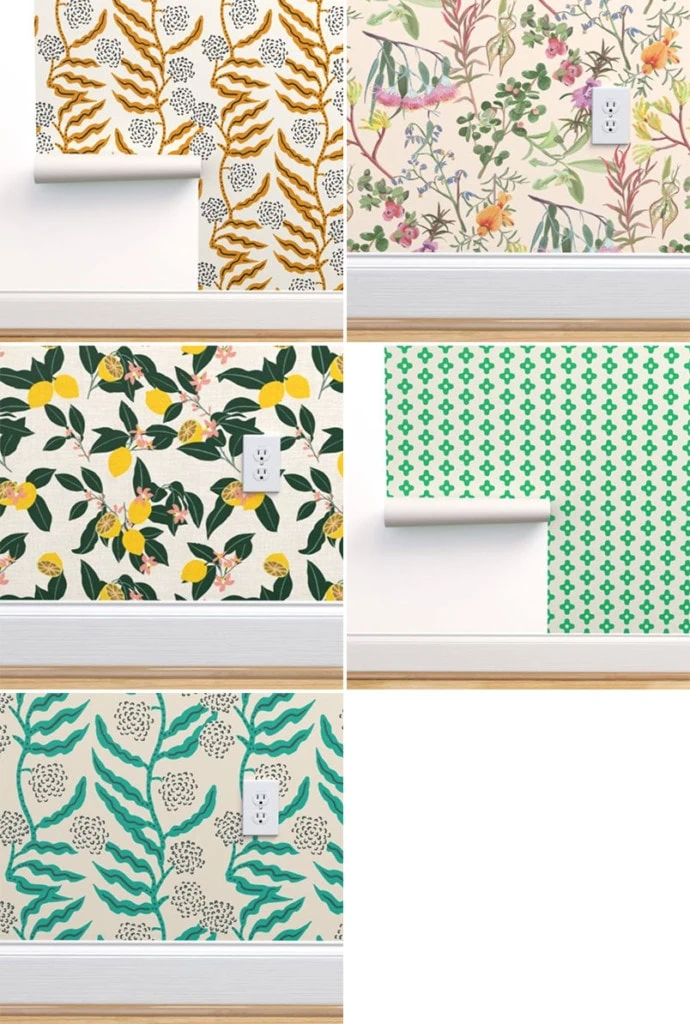 Five wallpaper samples in shades of green, gold, and yellow. There's an overall botanical theme. 
