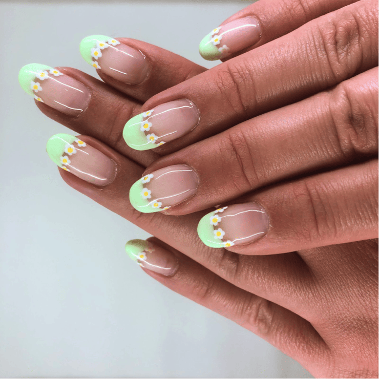 Hailey shows pastel green tips with daisies.