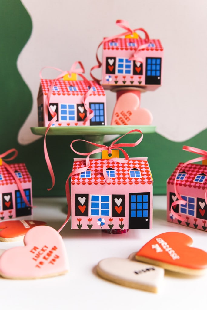 Pink and blue house-shaped cookie boxes next to a green squiggly background and some heart-shaped cookies