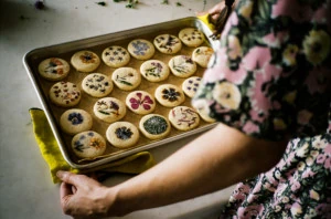 Horizontal photo of Loria wearing a floral dress and holding a tray of baked cookies. Flowers are pressed onto the top of each one.