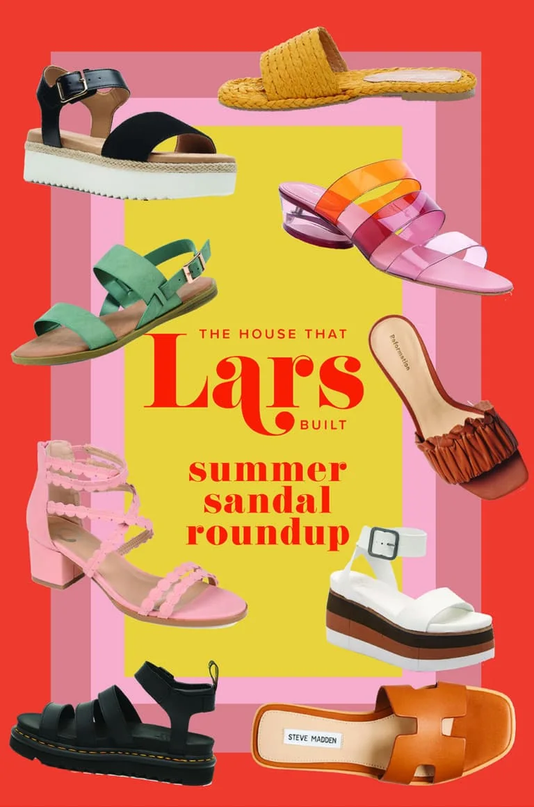 several summery sandals on an orange, pink, and yellow geometric background with the words "the house that Lars built summer sandal roundup" in the middle