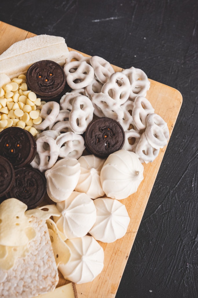 Closeup of a ghost shaped Halloween snack board.