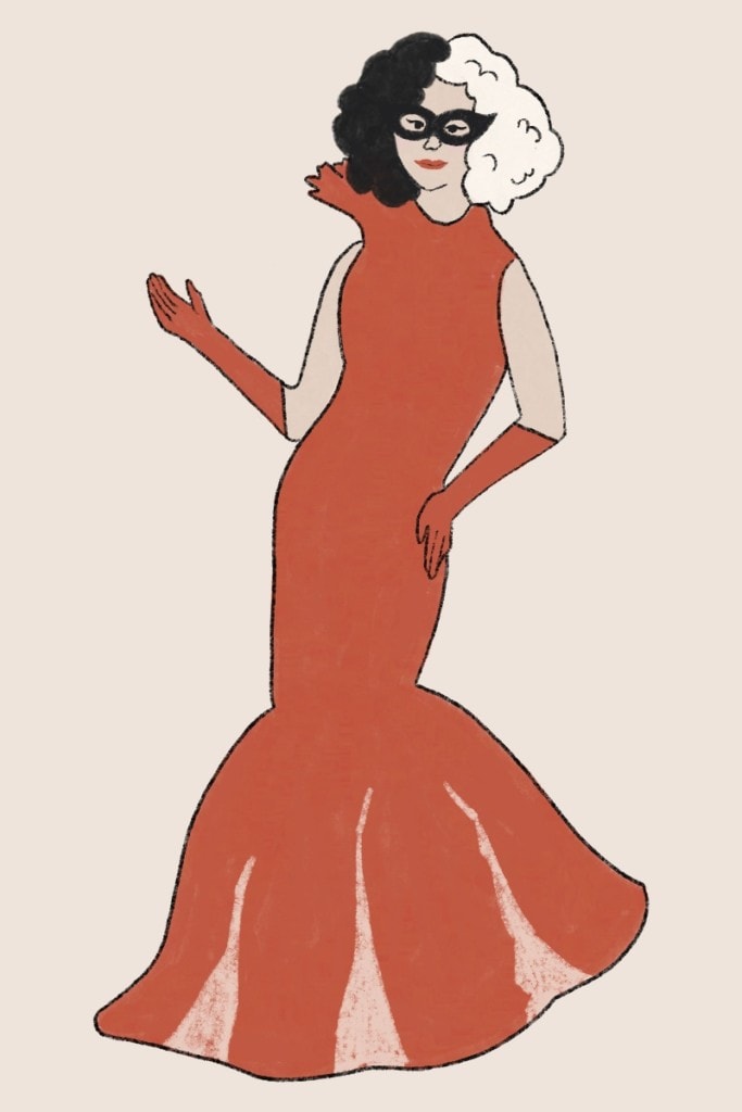 Cruella illustration: a woman with black and white hair, a mask, and a red gown on a pink background.
