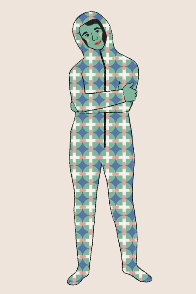 Frank Ocean's Alien Baby costume illustration: a woman wearing green face paint and a green printed footie pajama set on a blush pink background.