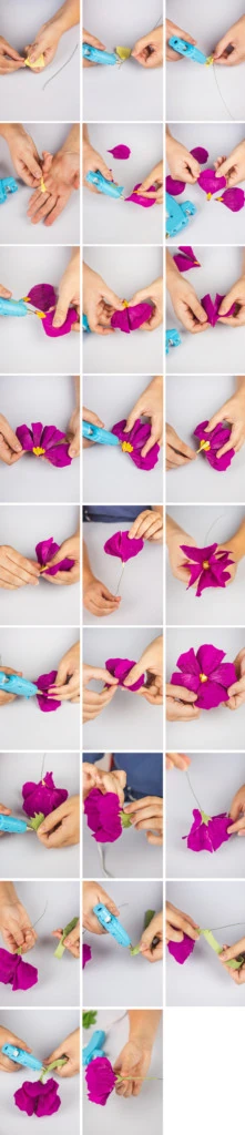 Step by step photos of making a paper hollyhock