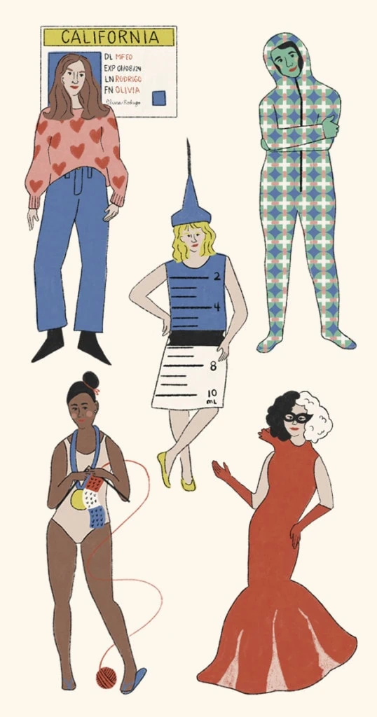 Illustration of halloween costumes, including Olivia Rodrigo's drivers license, Frank Ocean's alien baby, a vaccine syringe, Tom Daley knitting, and Cruella