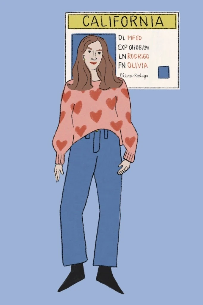 Olivia Rodrigo Drivers License illustration: a woman with a pink and red heart sweater and jeans with a california drivers license cutout around her face