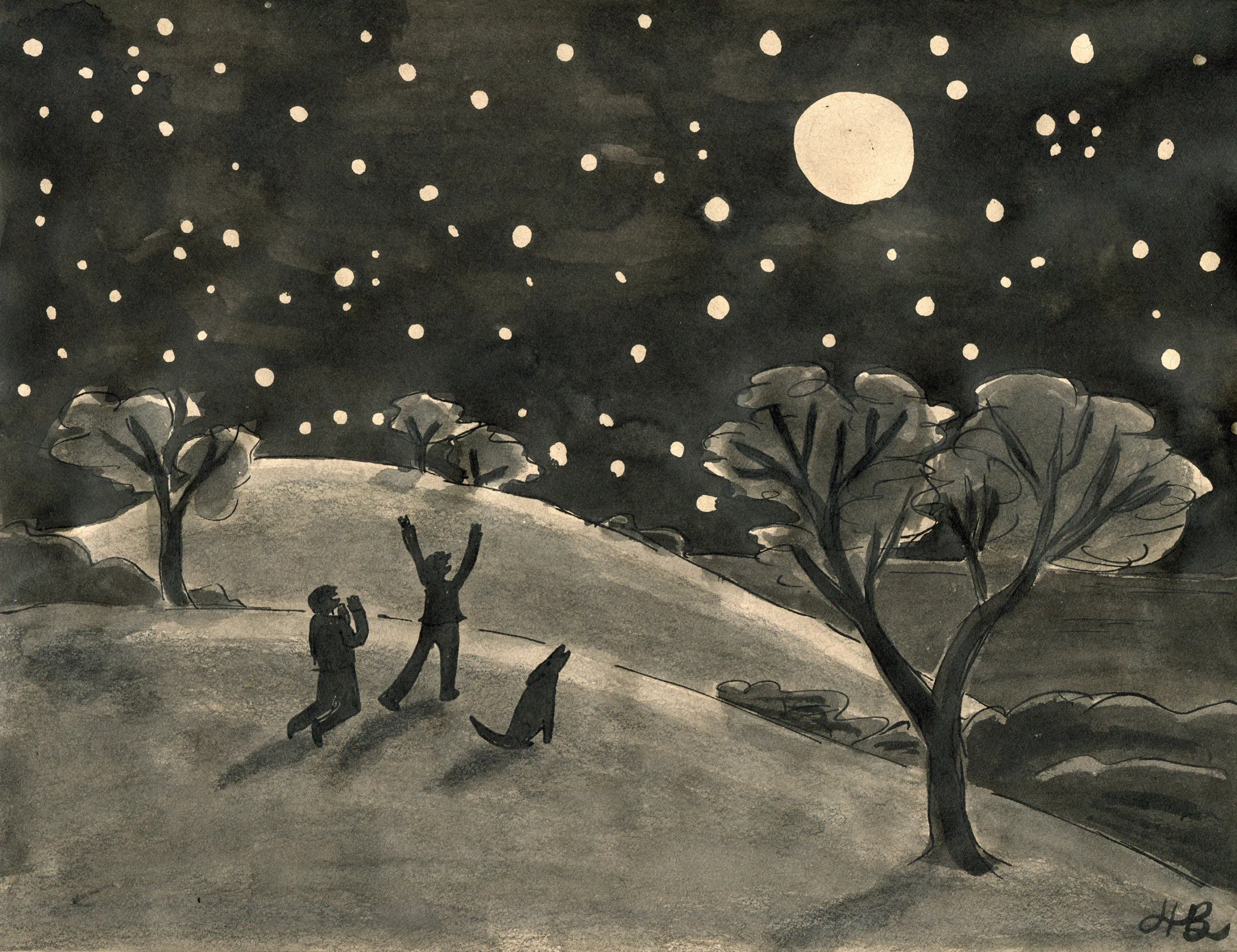 Black and white ink painting of three figures standing on a hill and singing to the moon