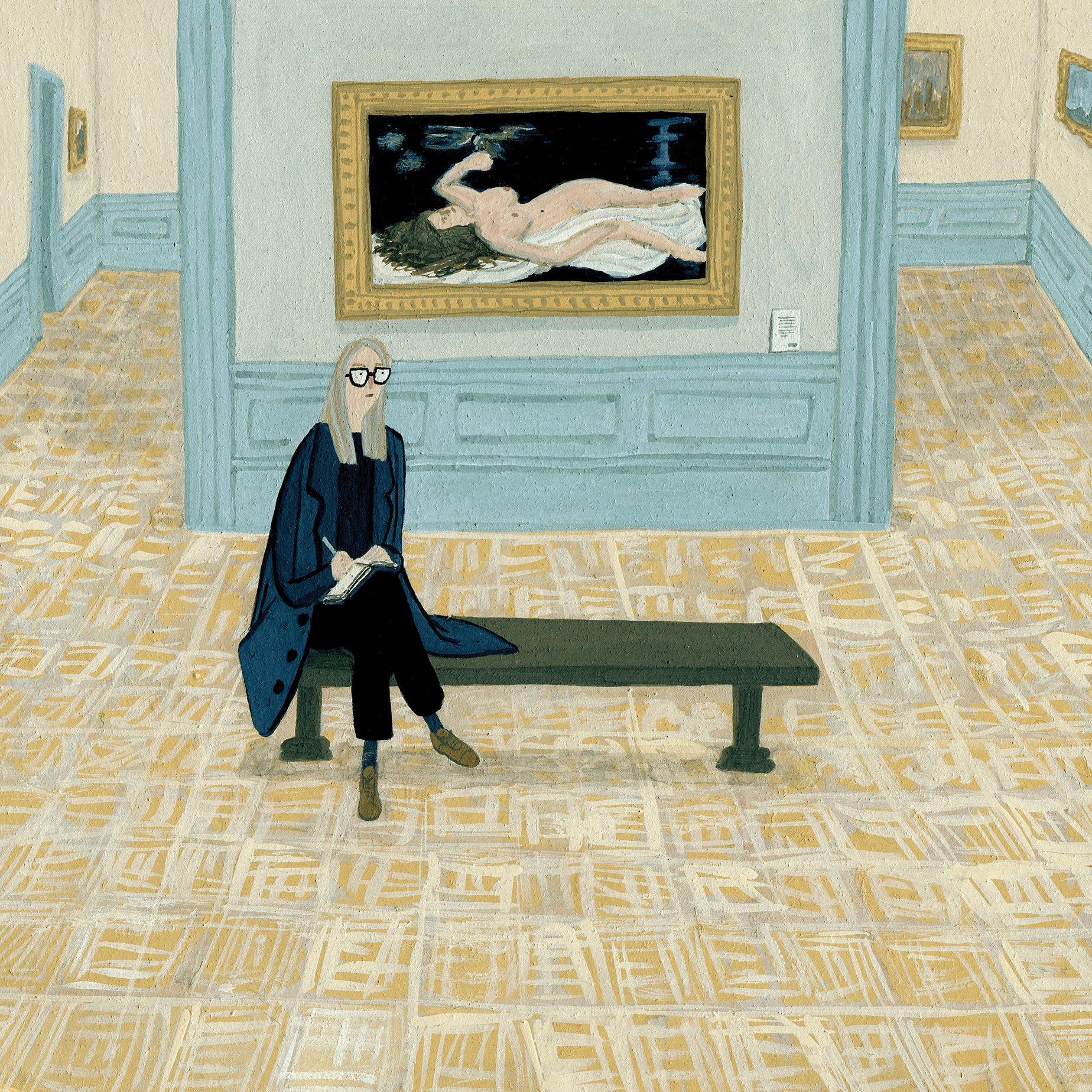 painting of a woman sitting on a bench in a museum.