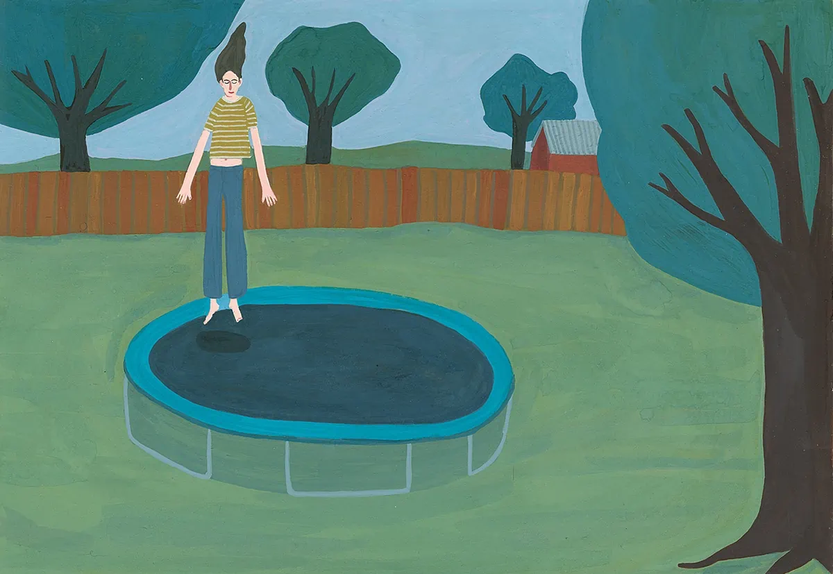 Painting of a person jumping on a trampoline in a green backyard