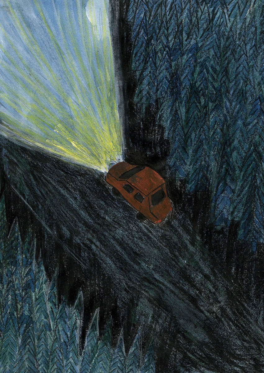 painting of a car moving down a dark forest road with bright yellow headlights beaming ahead.