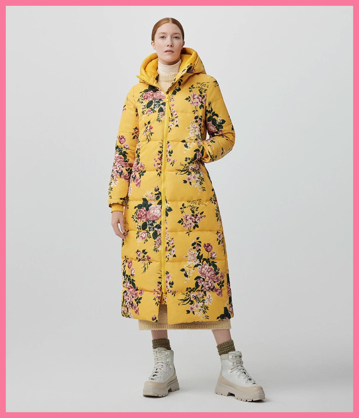 yellow floral puffer coat canada goose