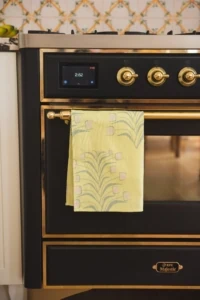 floral tea towel on oven