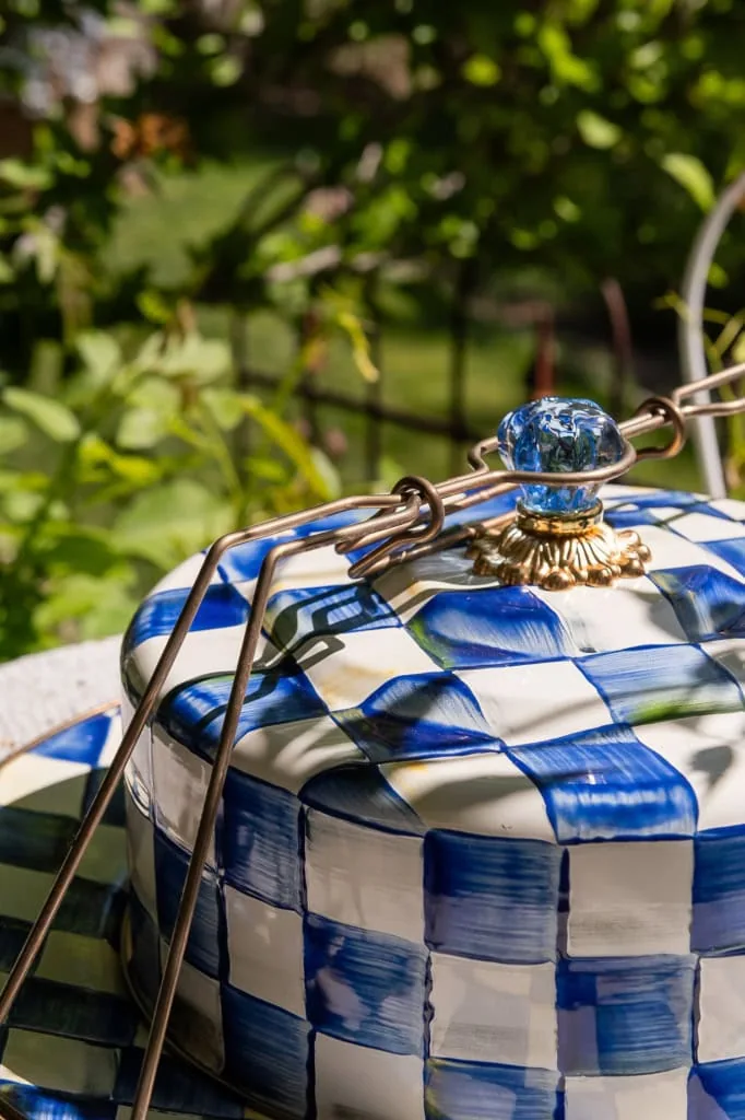 cake stand in blue and white checkerboard