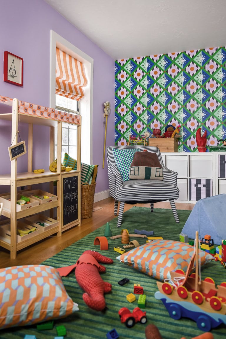 maximalist roy room with spoonflower wallpaper