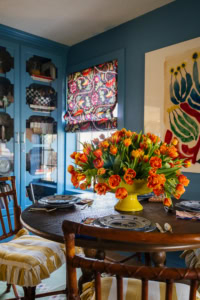 tulip centerpiece in pedestal bowl