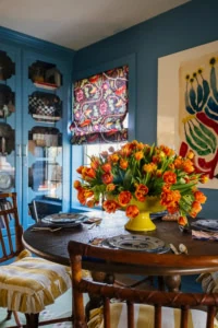 tulip centerpiece in pedestal bowl