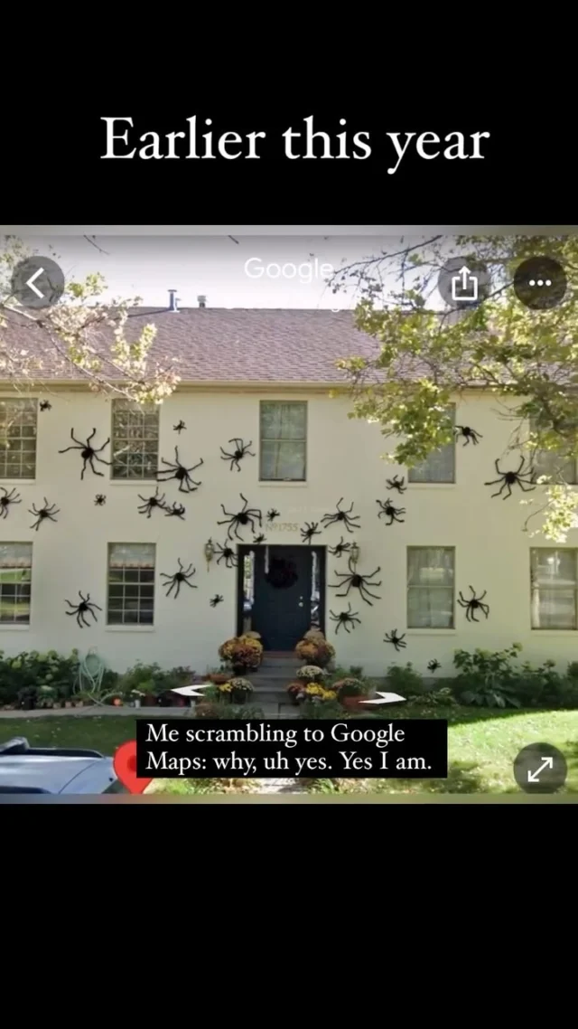 Grateful for the Google truck who caught us at our most festive moment last year. Thank you for your service. It’s the gift that keeps going and will do so until the next Maps update. @googlemaps edited: if you want to know how I put up the spiders, check out the previous reel where I show hot to do it. And it’s all linked in my amazon storefront!)